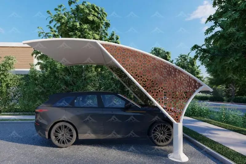 CNC pattern car parking shades Dubai - laser-cut decorative metal panel parking shade by car parking shade manufacturer UAE