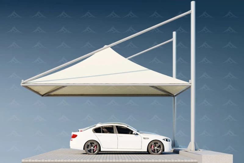 Conical car parking shades Dubai - cone-shaped tensile fabric shade structure with elegant single or double pole support