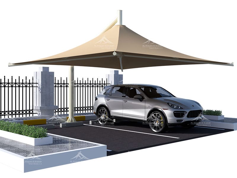 Umbrella car parking shades UAE - single pole umbrella-style parking shade structure in Dubai