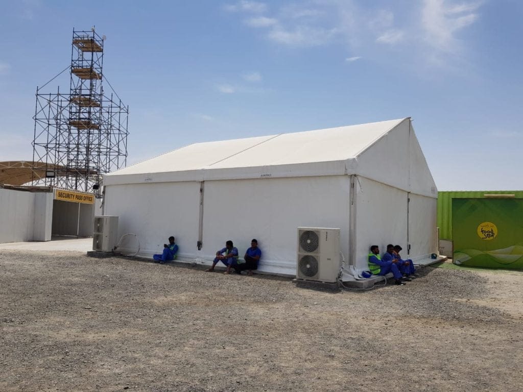 Premium labour rest area tents in UAE manufactured by Mahraj Industries - MOHRE compliant worker shelter tent with cooling for construction sites in Dubai