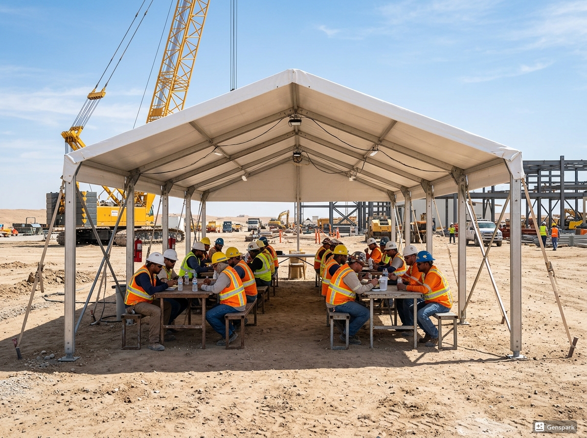 Custom labour rest area tent for rent or purchase in UAE - open sided worker rest zone tent with tables at construction site
