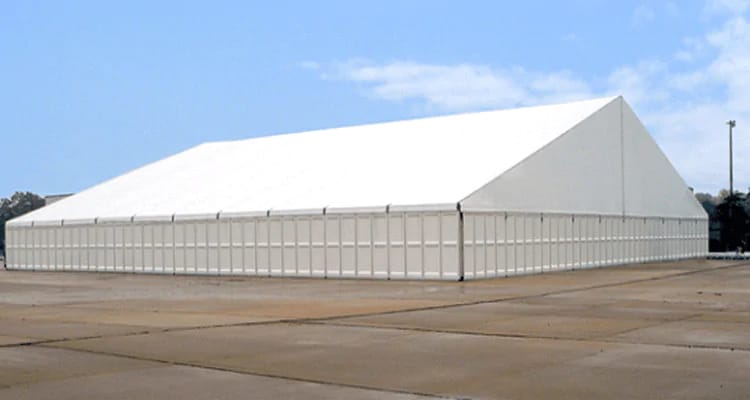 Labour shade structure in UAE - large white PVC tent used as worker rest area shade canopy for construction sites supplied by Mahraj Industries