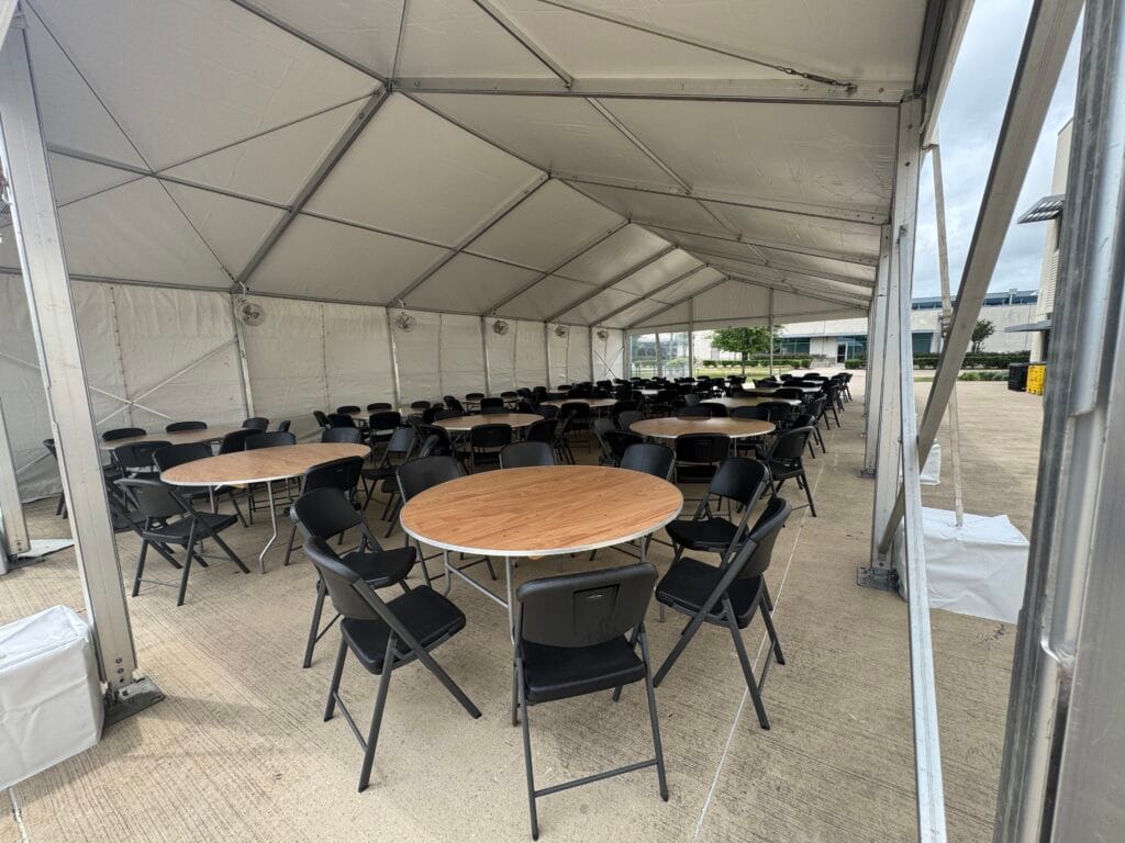 Labour shelter tent interior in UAE with seating arrangement - construction lunch tent for worker rest breaks by Mahraj Industries