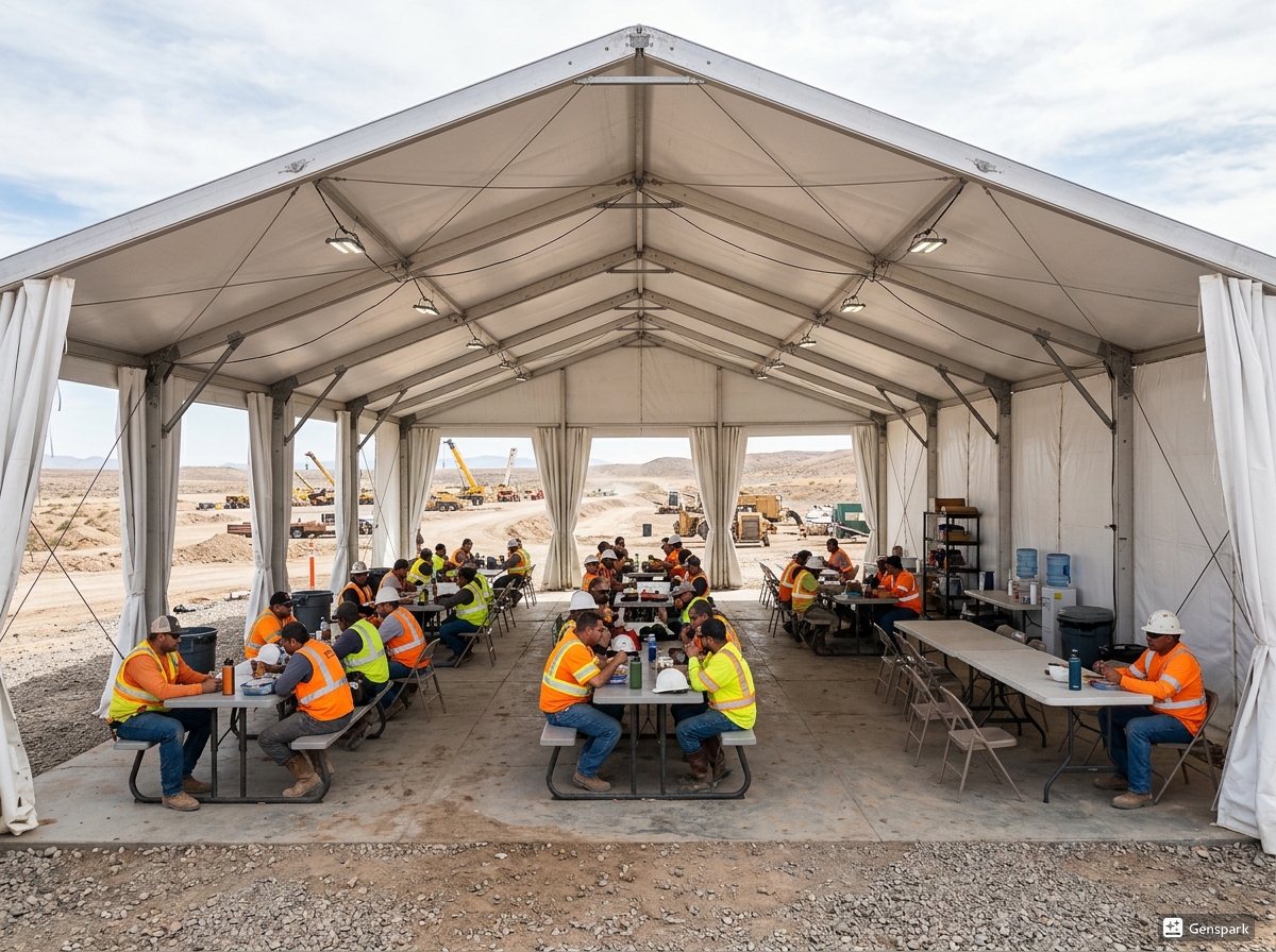 Worker rest area tent interior in UAE with tables and seating - labour tent break area for construction workers by Mahraj Industries available for rent and purchase