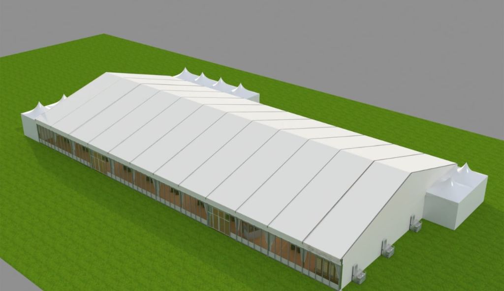3D rendered aerial view of a large tent structure designed by Mahraj Industries UAE