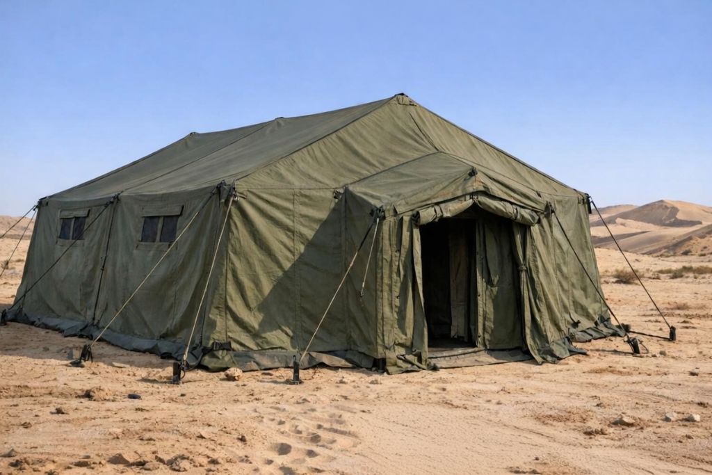 Army canvas deployment tent in the UAE desert by Mahraj Industries - tactical tent solutions