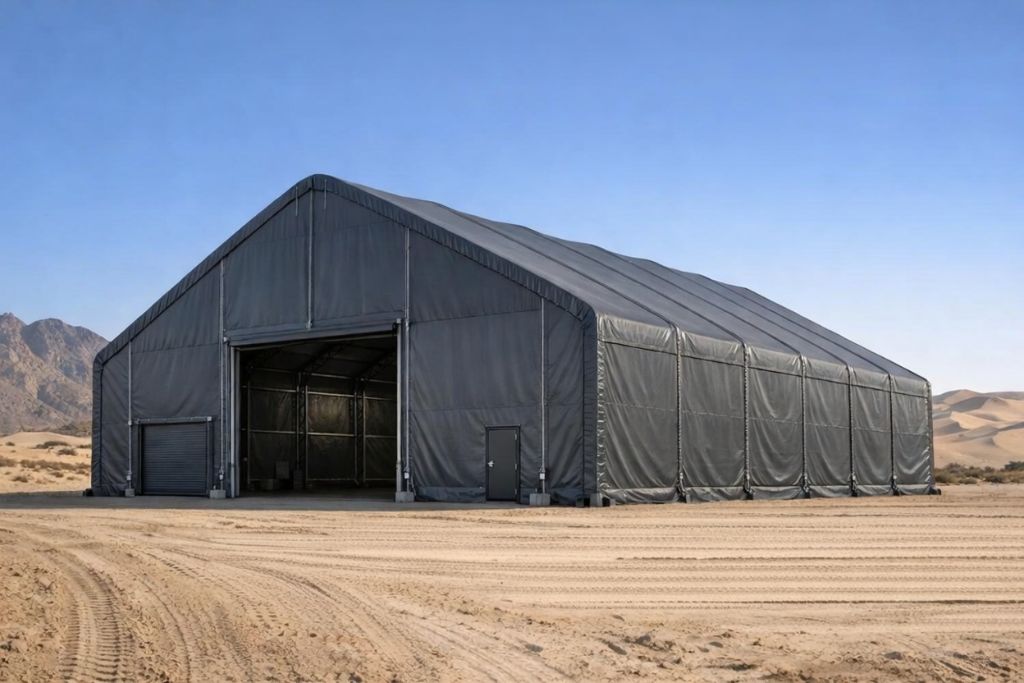Heavy-duty military grade desert storage tent manufactured by Mahraj Industries for UAE operations